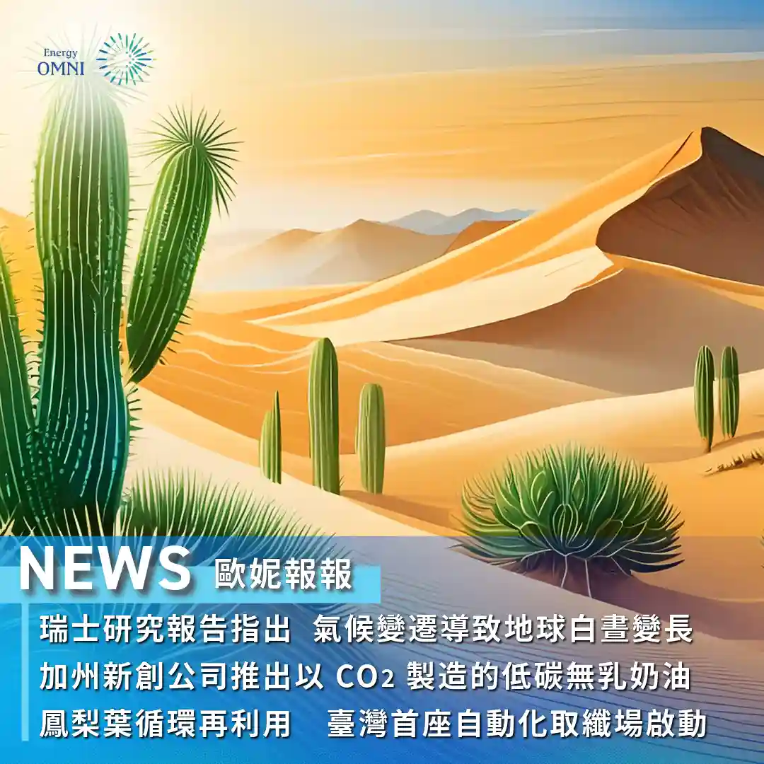 歐妮報報｜瑞士研究報告指出　氣候變遷導致地球白晝變長．加州新創公司推出以 CO2 製造的低碳無乳奶油．鳳梨葉循環再利用　臺灣首座自動化取纖場啟動