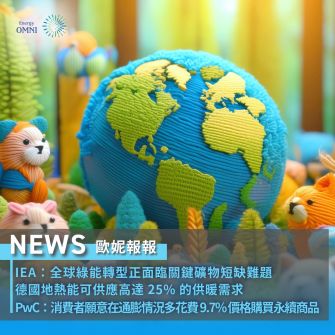 歐妮報報｜IEA：全球綠能轉型正面臨關鍵礦物短缺難題．德國地熱能可供應高達 25% 的供暖需求．PwC：消費者願意在通膨情況多花費 9.7% 價格購買永續商品